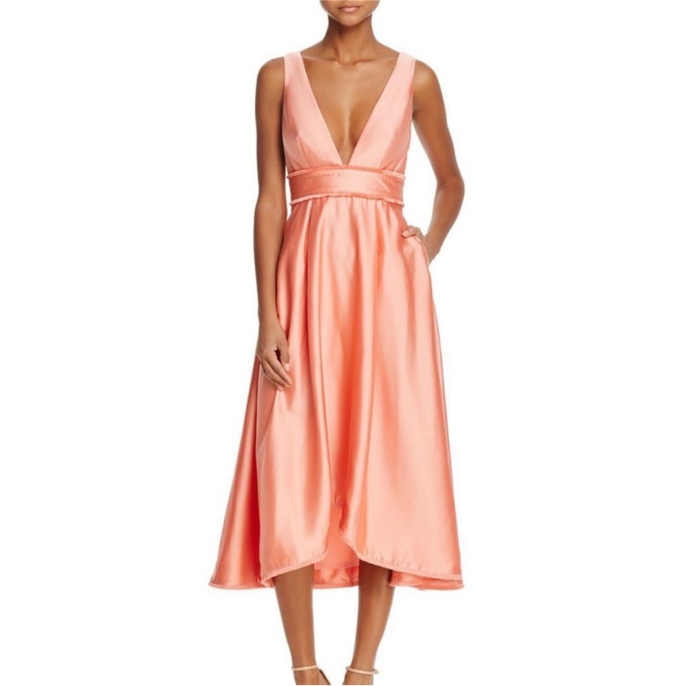 TALULAH Satin Coral Pink V-Neck Midi Dress